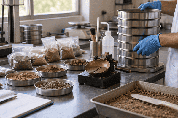 Amostras de solo sendo analisadas em bancada de laboratório